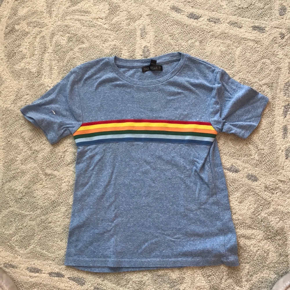 Say What? Blue with Rainbow Stripe - T-shirt